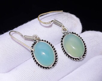 Aqua Chalcedony Oval Earrings | Silver Plated Dangle Drop | Boho Communication Stone