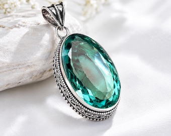Aquamarine Oval Faceted Pendant, Lab Created Seafoam Crystal – Courage & Calm Gift