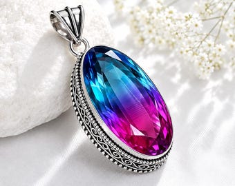 Bi-Colour Tourmaline Oval Faceted Pendant, Lab Created Blue-Pink Crystal – Balance & Harmony Gift