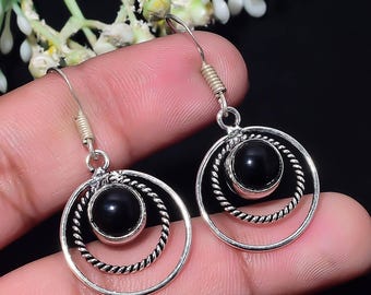 Black Onyx Rope Circle Drop Earrings, Natural Gemstone Deep Black Crystal – Strength & Protection Gift