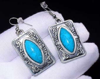Turquoise Rectangular Dangle Earrings | Antique Silver Plated Boho Statement Jewelry