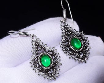 Lab Created Green Onyx Dangle Earrings | Vintage Filigree Silver Plated Boho Jewelry