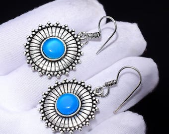 Blue Chalcedony Sunburst Dangle Earrings | Silver Plated Boho Jewelry