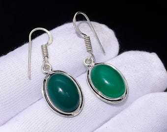 Handmade Green Onyx Oval Cabochon Dangle Drop Earrings | Silver Plated Boho Jewelry