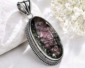 Black Rutile Oval Faceted Pendant, Lab Created Rutilated Crystal – Clarity & Focus Gift