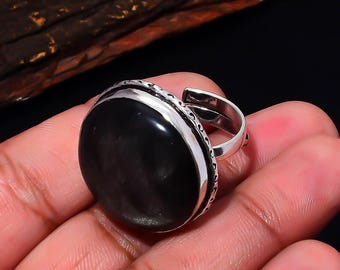 Silver Sheen Obsidian Round Ring, Silver Plated Adjustable – Clarity & Protection Crystal