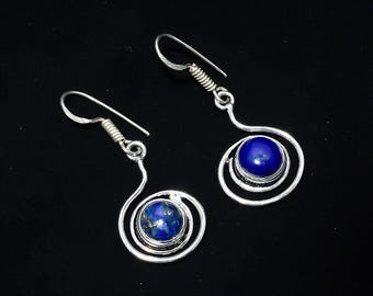Lapis Lazuli Spiral Dangle Earrings | Silver Plated Boho Jewelry, September Birthstone