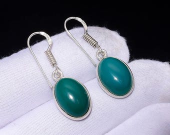 Green Onyx Oval Dangle Earrings | Silver Plated Boho Gemstone Jewelry