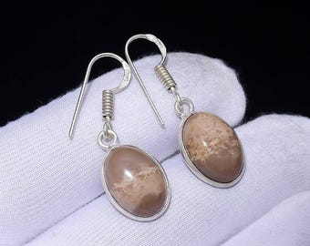 Fossil Coral Oval Cabochon Dangle Earrings | Silver Plated Boho Jewelry