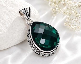 Emerald Pear Faceted Pendant, Lab Created Green Crystal – Love & Renewal Gift
