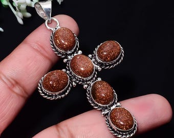 Lab-Created Goldstone Cross Pendant | Sparkling Copper Flecked Glass, German Silver Boho Jewelry