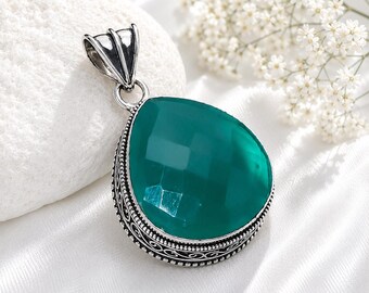 Green Chalcedony Teardrop Faceted Pendant, Lab Created Green Crystal – Calm & Balance Gift
