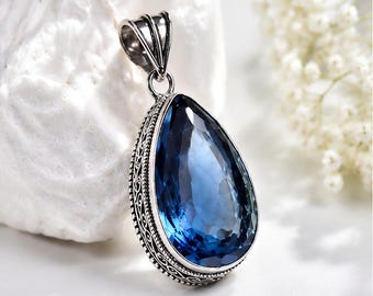 Blue Sapphire Pear Faceted Pendant, Lab Created Deep Blue Crystal – Wisdom & Royalty Gift