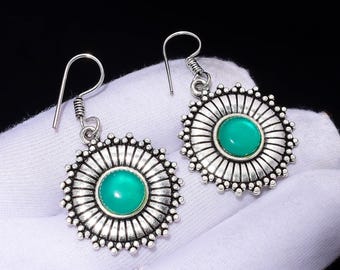 Lab Created Aqua Chalcedony Dangle Earrings | Silver Plated Boho Sunburst Design