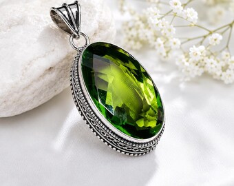 Chrome Diopside Oval Faceted Pendant, Lab Created Green Crystal – Abundance & Growth Gift