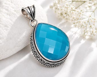 Blue Chalcedony Teardrop Cabochon Pendant, Lab Created Blue Crystal – Calm & Communication Gift