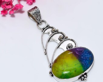 Regnbågssolkvartshänge | Försilvrad, oval cabochon, bohemiska smycken