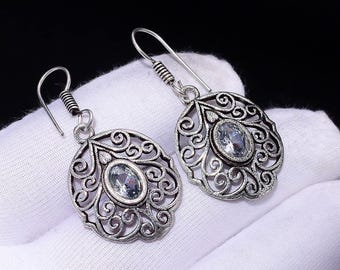 Silver Plated White Topaz Dangle Earrings | Vintage Filigree Boho Jewelry