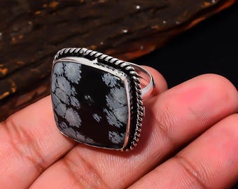 Snowflake Obsidian Cushion Ring, Silver Plated Adjustable – Purity & Balance Crystal