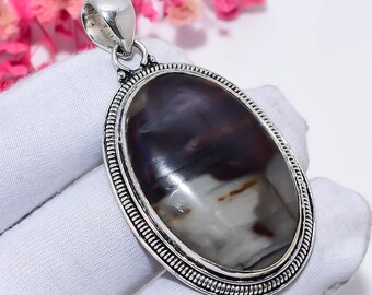 Botswana Agate Teardrop Pendant | Silver Plated Antique Finish Boho Necklace