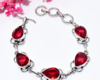 Red Garnet Teardrop Bracelet | Five Stone Statement | Silver Plated Boho Jewelry