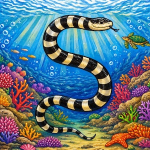 May include: A vibrant underwater illustration featuring a large sea snake with black and white bands swimming through a coral reef. A small green sea turtle, several colorful corals, a starfish, and small fish are visible in the blue ocean water.