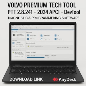 May include: A black laptop displaying diagnostic and programming software for Volvo vehicles. The screen shows various functions and data, including "Product data," "Fault tracing," and "Calibration." The text "VOLVO PREMIUM TECH TOOL" is at the top. The laptop has a keyboard and the words "DOWNLOAD LINK" are at the bottom.