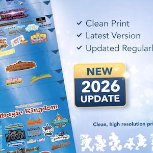 May include: A height chart with ride height restrictions for Magic Kingdom attractions. The chart includes a "NEW 2026 UPDATE" badge and the text "Clean Print, Latest Version, Updated Regularly."
