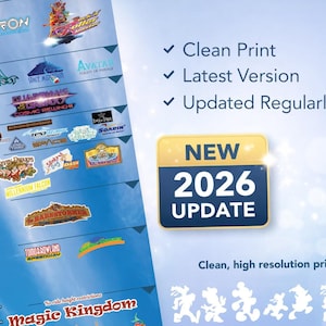 May include: A blue height chart with theme park ride logos and height restrictions. The chart includes the text "NEW 2026 UPDATE" and "Clean, high resolution print." The chart measures heights in inches.