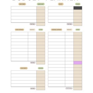 Op de afbeelding: Een witte budgetplanner met de tekst "BUDGET PLANNER". De planner bevat secties voor inkomsten, uitgaven, besparingen en schulden, met ruimtes om bedragen en totalen in te vullen. Het ontwerp is eenvoudig en overzichtelijk.