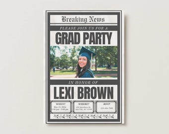 Graduation Party Invitation | Vintage Newspaper Style, Editable Canva Template (Digital Download)