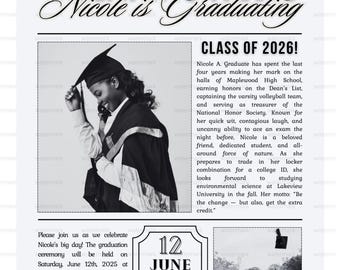 Newspaper Graduation Announcement | Class of 2026 Grad Party Invite (Digital Download)