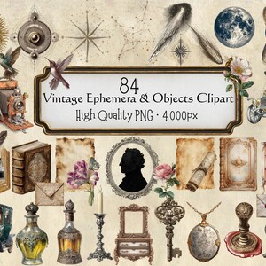 May include: A collection of vintage ephemera and objects clipart, including a sun, compass, hummingbirds, camera, books, antique cars, and a variety of decorative elements. The image includes the text "84 Vintage Ephemera & Objects Clipart High Quality PNG 4000px".