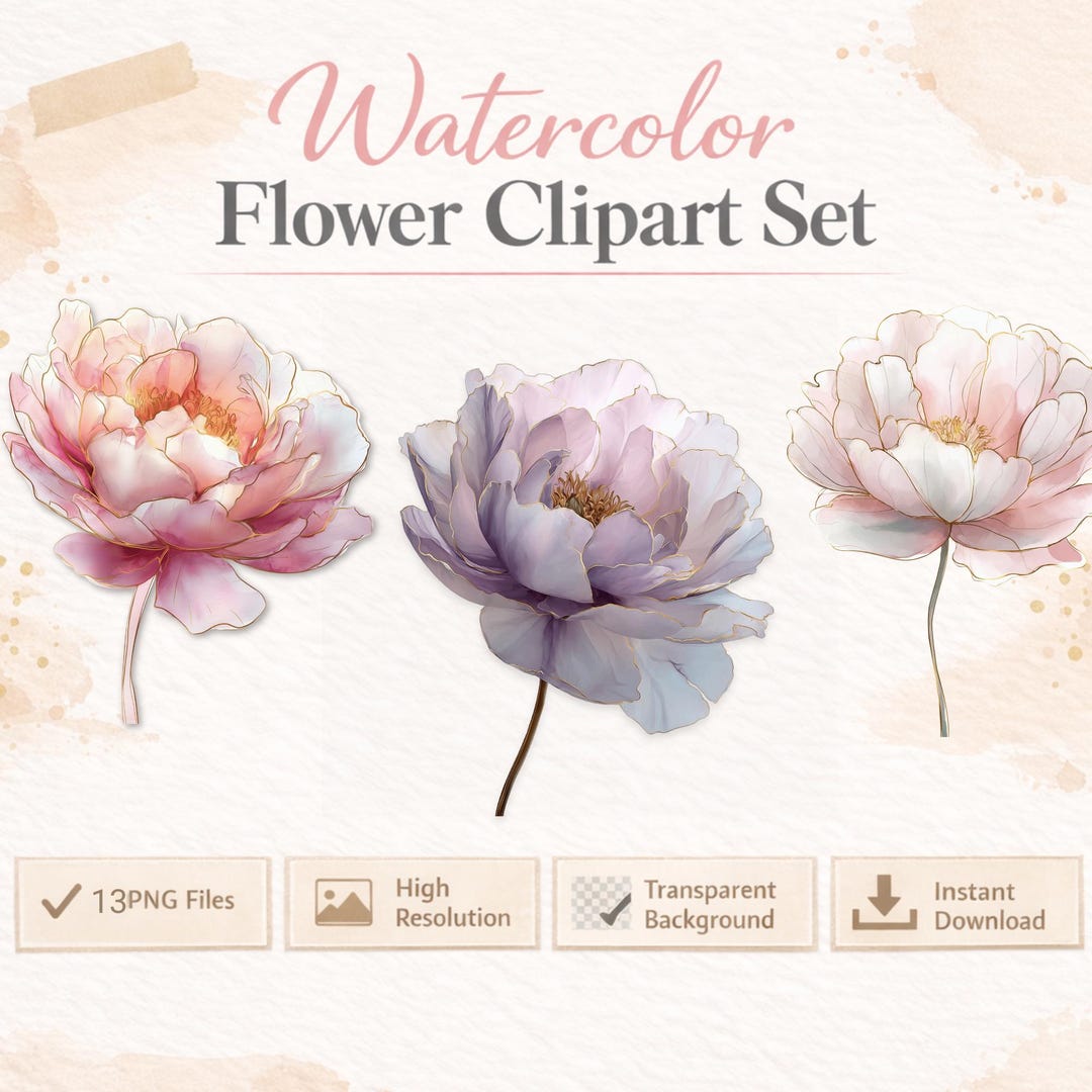 Watercolor Flower Clipart Set – 13 Floral PNG Transparent Elements ...