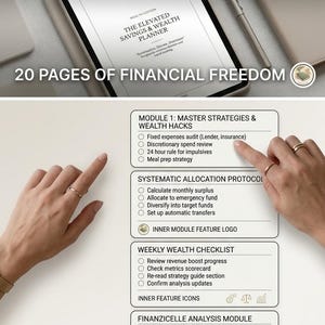 Könnte beinhalten: Ein digitaler Finanzplaner mit dem Titel The Elevated Savings & Wealth Planner, der Module für Strategien, Vermögens-Hacks, Allokationsprotokolle, wöchentliche Checklisten und Finanzanalysen mit detaillierten Aufgabenlisten enthält.