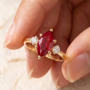 Three Stone Proposal Ring For Her, Marquise Cut Red Ruby Engagement Ring, Side Round Diamond Bridal Ring, 10K Solid Yellow Gold Wedding Ring