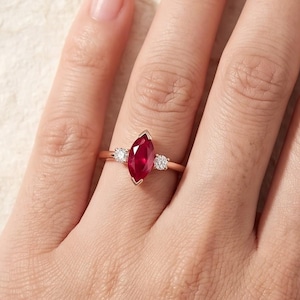 Marquise Cut Vintage Inspired Ruby Engagement Ring, 14K Rose Gold V Prong Setting Wedding Ring, Elegant Three Stone Luxury Bridal Jewelry.