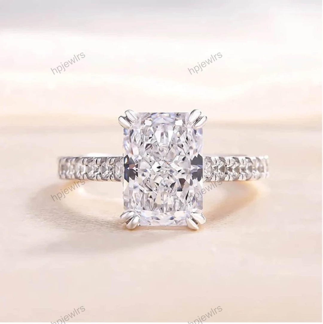 4.0 Ct Radiant Cut Moissanite Engagement Ring, Hidden Halo Wedding Ring ...