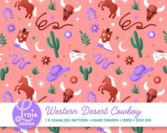 Naadloos patroon westernwoestijncowboy | Kleurrijk digitaal plakboekpapier | Commercieel gebruik | Handgetekend