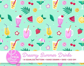 Naadloos patroon met dromerige zomerdrankjes | Kleurrijk digitaal plakboekpapier | Commercieel gebruik | Handgetekend
