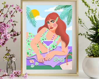Retro print aan het zwembad, handgetekende zomermuurdecoratie, moderne illustratie uit het midden van de eeuw, kleurrijke digitale download strand