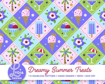 Naadloos patroon met dromerige zomertraktaties | Kleurrijk digitaal scrapbookpapier | Commercieel gebruik | Handgetekend