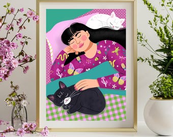Sleepy Sunday-print, handgetekende gezellige slaapkamerdecoratie, grappige kattenliefhebberillustratie (digitale download)