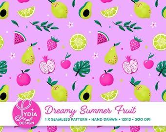Dromerig zomerfruit naadloos patroon | Kleurrijk digitaal plakboekpapier | Commercieel gebruik | Handgetekend
