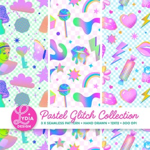 May include: A digital graphic featuring three seamless patterns with a pastel glitch aesthetic. The designs include motifs like rainbows, lips, hearts, lollipops, lightning bolts, clouds, and a classical bust, all set against a checkered background.