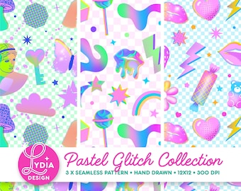 Bundel met naadloze pastelkleurige glitch-patronen: schattig abstract verloop, esthetiek | Digitaal papierweefselontwerp, png-bestand voor commercieel gebruik