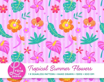 Naadloze tropische zomerbloemenpatroon | Kleurrijk digitaal plakboekpapier | Commercieel gebruik | Handgetekend