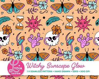 Heksenachtig Zonlandschap Gloed Naadloos Patroon | Kleurrijk Digitaal Scrapbookpapier | Commercieel Gebruik | Handgetekend