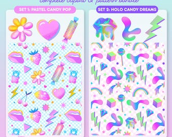 Pastelkleurige glitch-snoeppakket | Leuke plakboekafbeeldingen | 22 handgetekende png-bestanden | Patronen en clipartbundel | Plannerstickers | Commercieel gebruik