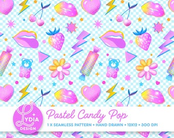 Naadloze pastelkleurige snoeppop | Kleurrijk digitaal plakboekpapier | Commercieel gebruik | Met de hand getekend